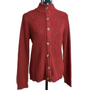 Women's Red Classic Preppy Casual Front Button Cardigan Mock Neck - M